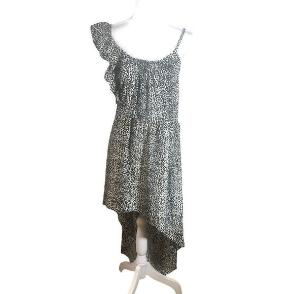 Envy Me Rayon Black Cream Geo Print Dress M High Low Ruffle Shoulder Asymmetric - Picture 1 of 12